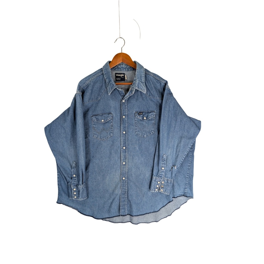 Vintage Wrangler Western Denim Pearl Snap Shirt Made USA Big Man 20-34 FLAWED*